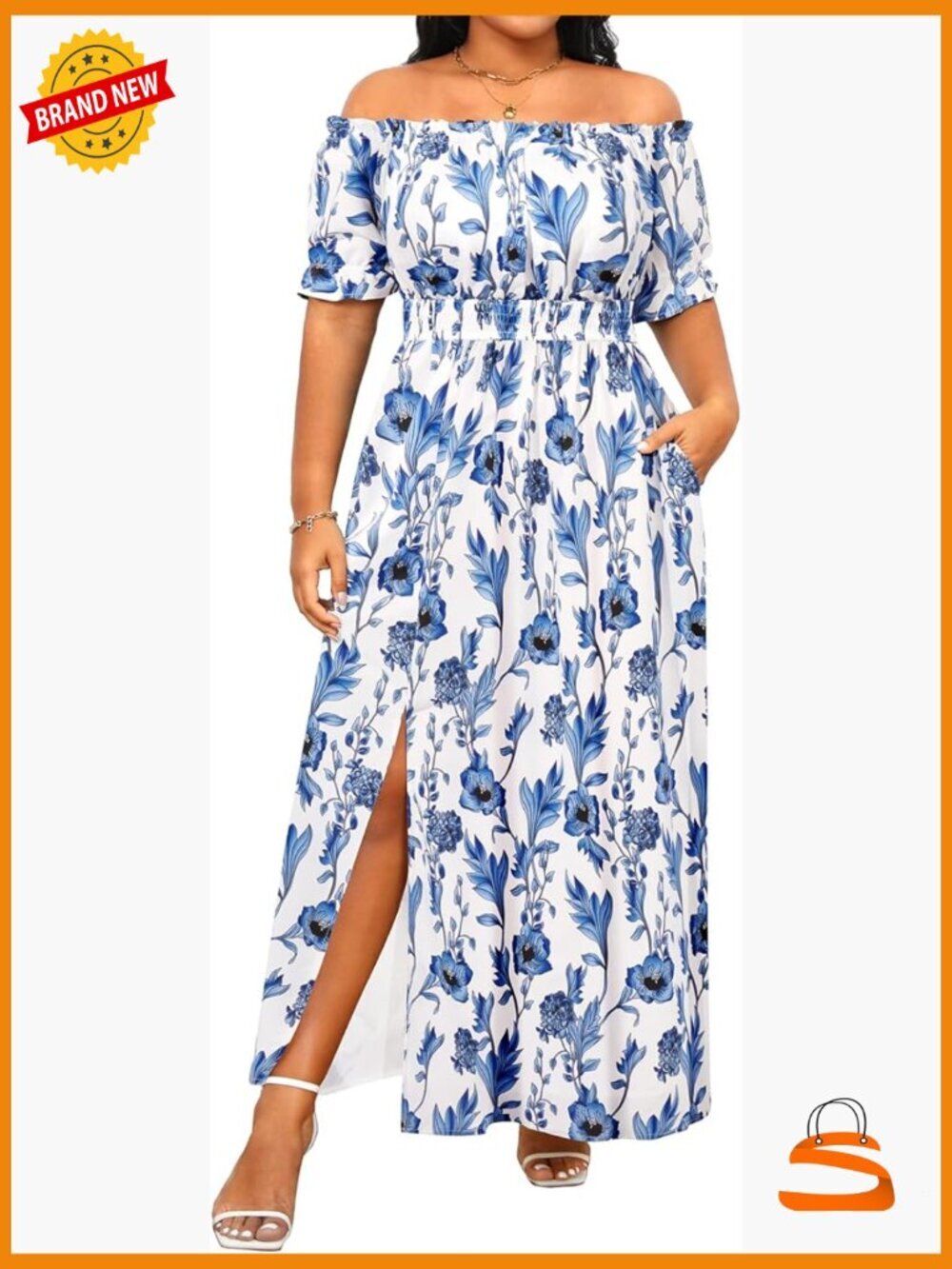 Off Shoulder Boho Maxi Dress Plus Size Smocked Waist Split with Pockets